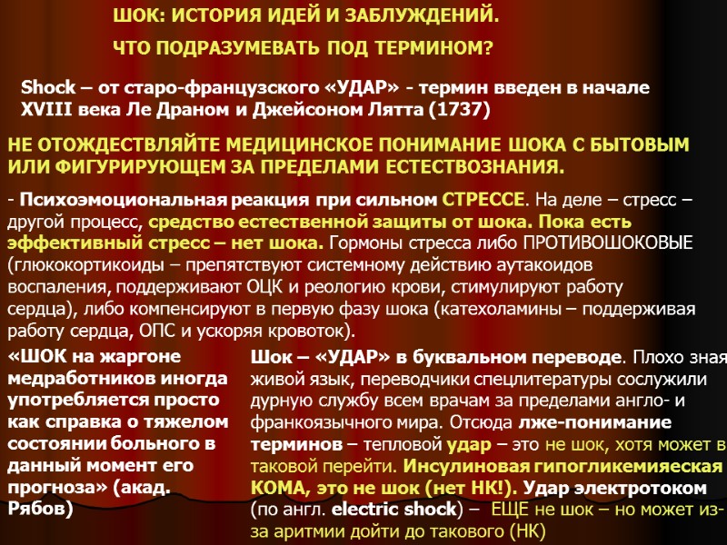 ШОК: ИСТОРИЯ ИДЕЙ И ЗАБЛУЖДЕНИЙ.  ЧТО ПОДРАЗУМЕВАТЬ ПОД ТЕРМИНОМ? Shock – от старо-французского
